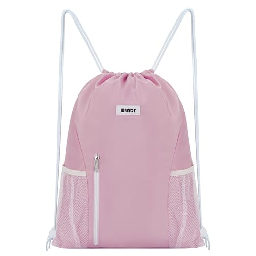 WANDF Drawstring Backpack Sports Gym Sackpack with Mesh Pockets Water Resistant String Bag for Women Men(Pink) - color: Pink