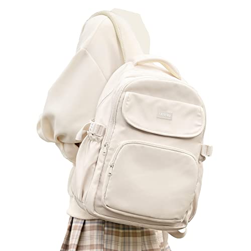 Cute Middle School Backpack For Teen Girls,Waterproof Casual Bookbags,Lightweight Travel Daypack,Basic Laptop College Backpack For Women(White) - color: A2-beige