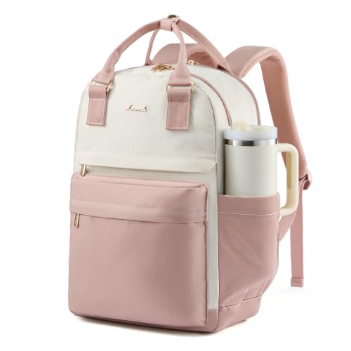 LOVEVOOK Laptop Backpack for Women with Giant Tumbler Holder Pocket, 15.6 inch Laptop Computer Bag Travel Backpack Purse, Waterproof Work Nurse Teacher Bag College School - color: Pink & Beige, size: 15.6 Inch-cup
