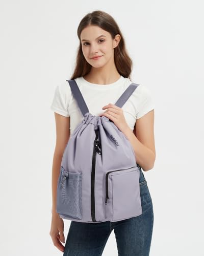 WANDF Drawstring Backpack Sports Gym Bag with Shoes Compartment, Water-Resistant String Beach Sackpack Swim Bag for Women and Men (Grey) - color: Grey