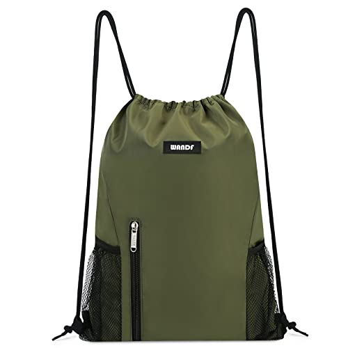 WANDF Drawstring Backpack Sports Gym Sackpack with Mesh Pockets Water Resistant String Bag for Women Men (Dark Green) - color: Green