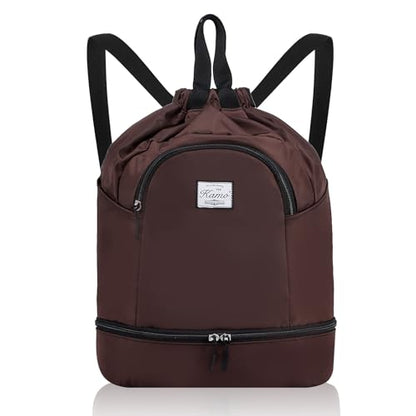 Kamo Drawstring Backpack Bag - Sport Swimming Yoga Backpack with Shoe Compartment, Two Water Bottle Holder for Men Women Large String Backpack Athletic Sackpack for Travel - color: Dark Brown