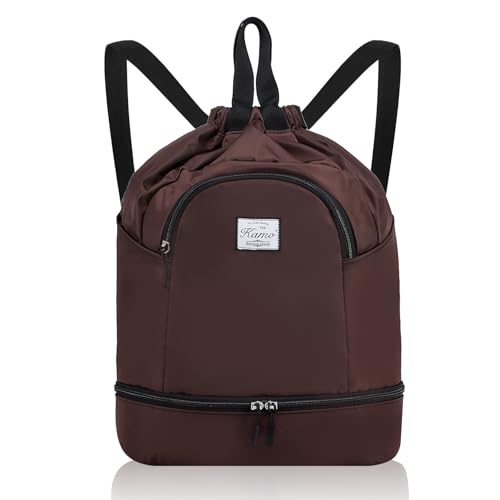 Kamo Drawstring Backpack Bag - Sport Swimming Yoga Backpack with Shoe Compartment, Two Water Bottle Holder for Men Women Large String Backpack Athletic Sackpack for Travel - color: Dark Brown