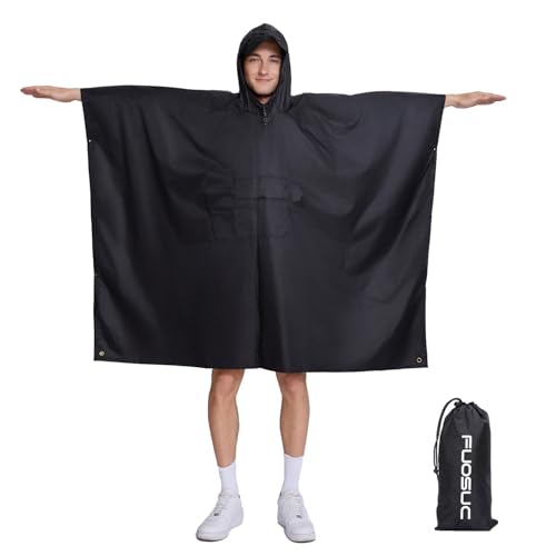 Hooded Waterproof Raincoat, Unisex Outdoor Hiking Camping Mat and Small Tent - color: Black