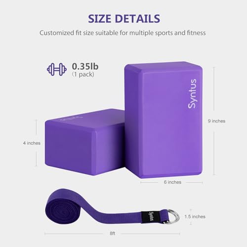 Syntus Yoga Block and Yoga Strap Set, Soft Non-Slip Yoga Blocks 9×6×4 inches, 8FT Metal D-Ring Strap for Yoga, General Fitness, Pilates, Stretching and Toning - color: Purple
