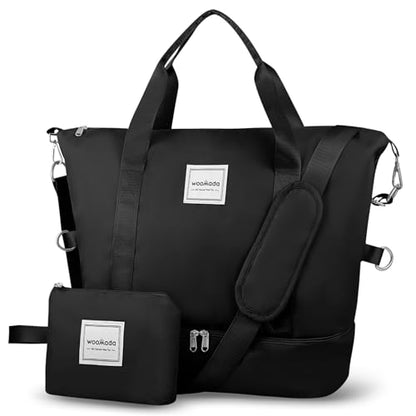 WOOMADA Weekender Bag for Women, Travel Duffel Bags with Shoe Compartment & Wet Pocket, Personal Item Bag for Airlines - color: Black