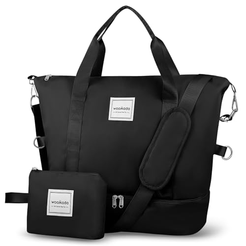 WOOMADA Weekender Bag for Women, Travel Duffel Bags with Shoe Compartment & Wet Pocket, Personal Item Bag for Airlines - color: Black