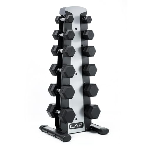 CAP Rubber Coated Hex Dumbbell Set with Storage Rack | 100–210 lb Options, Space-Saving Vertical Compact Storage for Home Gym Strength Training - size: 210 lb - Set - Silver Rack, style: Chrome Handles