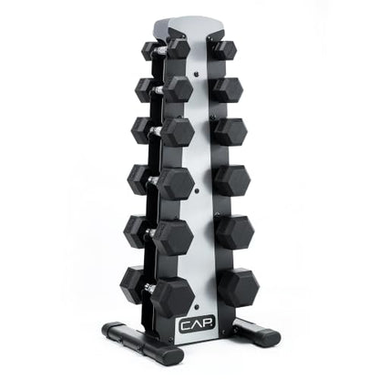 CAP Rubber Coated Hex Dumbbell Set with Storage Rack | 100–210 lb Options, Space-Saving Vertical Compact Storage for Home Gym Strength Training - size: 210 lb - Set - Silver Rack, style: Chrome Handles