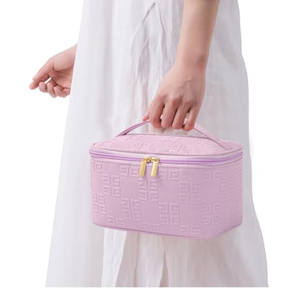 Meiyuuo Makeup Bag Large Cosmetic Bags for Women Girls Cute Travel Zipper Pouch Toiletry Organizer for Beauty Essentials Waterproof (Light Purple) - color: Embossing Purple