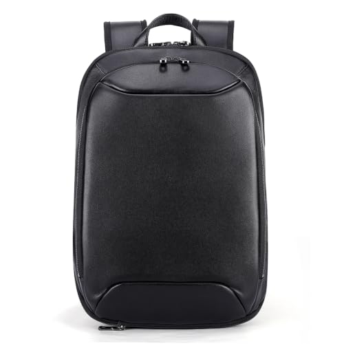 Masa Kawa Expandable Black Leather 16” Laptop Backpack for Men | Slim Waterproof Business Travel Work Computer Bag