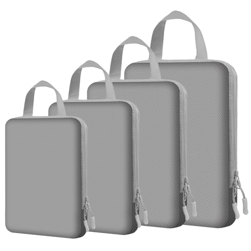 4 Set Expandable Compression Packing Cubes for 3–7 Day Travel, Solid & Plaid Fabric Travel Organizers, Double-Zipper Storage Bags for Carry-On & Suitcases(4set-Grey) - color: Grey, size: 4 set