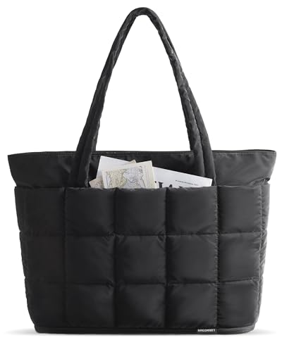 BAGSMART Expandable Tote Bag for Women, Puffer Work Tote Handbag, Quilted Carry On Bag for Travel Gym - color: Black, size: Large