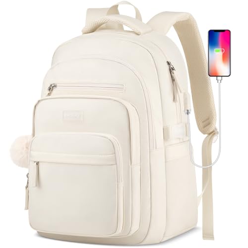 KROSIAS Laptop Backpack for College Teen Girl: Middle High School Aesthetic Bookbag 15.6 Inch Computer Bag with USB Charger Student Casual Daypack Large Travel BackPack for Women Beige - color: 1-beige, size: 15.6 Inch