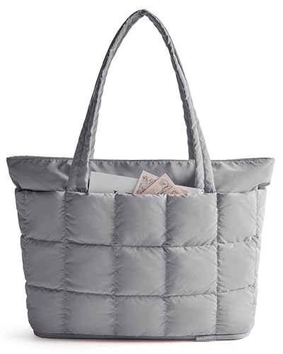 BAGSMART Expandable Tote Bag for Women, Puffer Work Tote Handbag, Quilted Carry On Bag for Travel Gym - color: Grey, size: Large