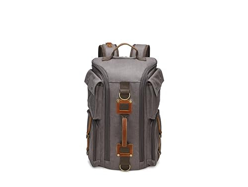 Heavy-Duty Waxed Canvas Backpack for Men, 17 Inch Laptop Rucksack with Genuine Leather, Multi-Pocket Travel Bag for Work, Hiking, and Camping - color: Grey