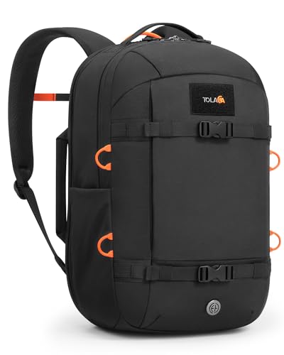 Tolaccea Travel Backpack 30L Laptop Carry On TSA Approved for Commute Trips | 100% RPET Recycled Fabric | EVA-cushioned Laptop Protection | TSA 180° Lay-flat Opening | Reinforced Stability Base Panel - color: Black