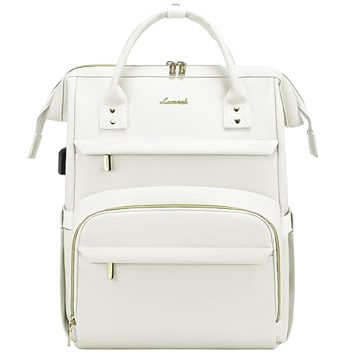 LOVEVOOK Leather Laptop Backpack for Women 15.6 inch,Travel Backpack Purse Nurse Teacher Backpacks Computer Laptop Bag,Professional College Business Work Carry On Backpack with USB Port,Beige White - color: Beige White, size: 15.6 Inch