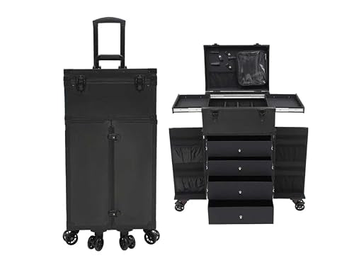 Cosmetic Train Case,Makeup Organizer Travel Case with Multiple Compartments,Rolling Makeup Case,Professional Makeup Casewith Wheels for Make-up Artists,66Lbs Load-Bearing (Black-6 Wheels) - color: Black--6 Wheels