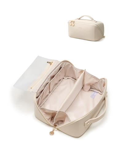 EACHY Travel Makeup Bag, Large Capacity Cosmetic Bag for Women, Waterproof PU Leather, Flat Open Portable Toiletry Bag for Skincare, Brushes & Travel Essentials - color: AT-White, size: Medium