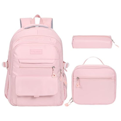 Phaoullzon Teen Girls School Backpack with Lunch Box for Boys, College Aesthetic Laptop Bookbag for Women,Pink - color: Pink