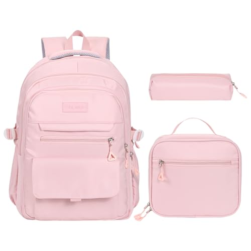 Phaoullzon Teen Girls School Backpack with Lunch Box for Boys, College Aesthetic Laptop Bookbag for Women,Pink - color: Pink