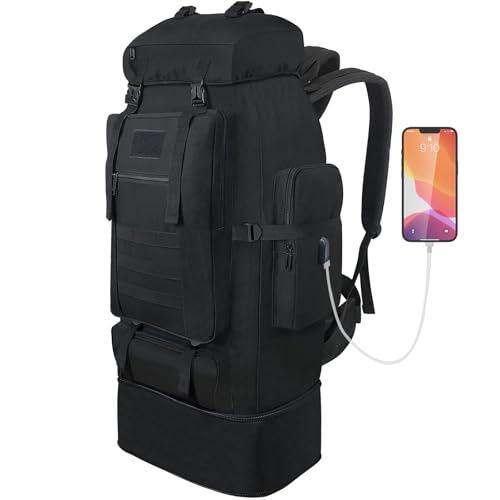 70L/100L Hiking Backpack with USB Charging Port, Expandable Large Military Tactical Backpack, Waterproof MOLLE Rucksack Travel Backpacking Daypack for Camping Climbing (Black) - color: 100l Black-usb Port