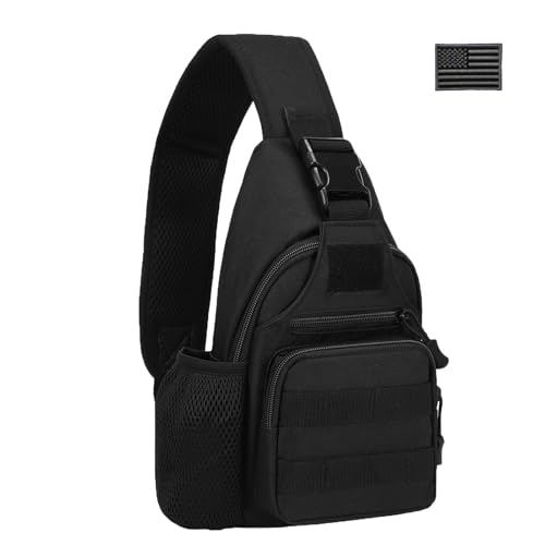 ZHIERNA Tactical Crossbody Bag for Men with Water Bottle Holder, MOLLE EDC Shoulder Sling Chest Bags with USB Charging Port for Travel Walk(Black) - color: Black