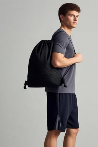 Water-Resistant String Bag for Women Men with Shoes Compartment and Zippered Pocket for Soccer, Basketball, Swim (Black, 16.5 * 19 inches) - color: Black