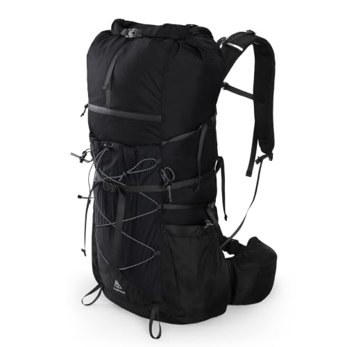 Haimont 40L+15L Roll-Top Backpacking Pack with Rain Cover, Black | Expandable 55L, Hip Belt Support, Sleeping Pad Carry, Pole Attachments, YKK & Duraflex - color: Black