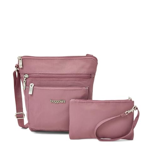 Baggallini Pocket Crossbody Bags for Women 8x8 Small Lightweight Durable Water-resistant Travel Purse W/Rfid - color: Dusty Mauve