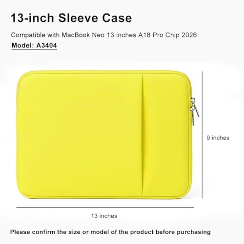 Laptop Sleeve Case for 2026 MacBook Neo 13 Inches - color: Lemon Yellow, size: 13 x 9 x 0.8 inches