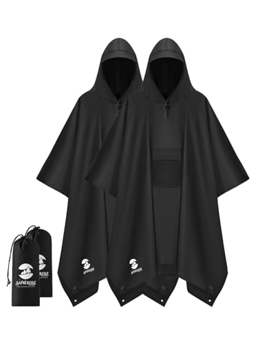 SaphiRose Extra Thick Hooded Rain Poncho Double Layer Waterproof Raincoat Jacket for Men Women Adults - color: Black 2 Pack