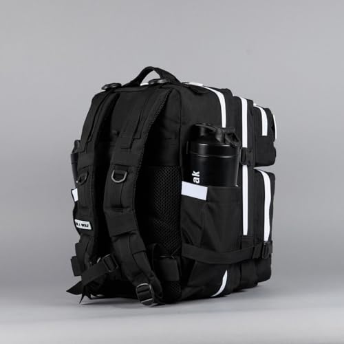 WOLFpak 35L Tactical Gym Backpack (Alpha Black White Accents) Durable 1000D Waterproof Oxford Material with MOLLE Webbing, Laptop Pocket & Dual Cup Holders, Durable Fitness/Travel/Military Daypack - color: Alpha Black White Accents