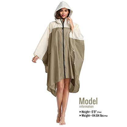 SaphiRose Unisex Rain Poncho Waterproof Raincoat Hooded for Adults Women with Pockets - color: A-khaki-white