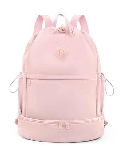 RHDZO Drawstring Backpack Sports Gym Bag with Shoe Compartment and Wet Pocket String Swim Bag for Women Men Beach Backpack, Pink - color: Pink