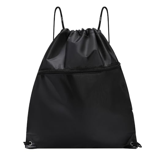Drawstring Backpack Large Capacity with Zip Pocket and Adjustable Straps, Sport Shoulder Bag for Hiking, Gym and Outdoor, Black - color: Black