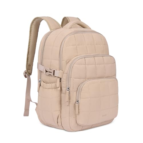 CLUCI 17.3 Inch Laptop Backpack for Women, Anti Theft Travel Backpack, Puffer Quilted Work Backpack, Water Resistant College Bookbag, Carry on backpack with RFID (Khaki) - color: Khaki
