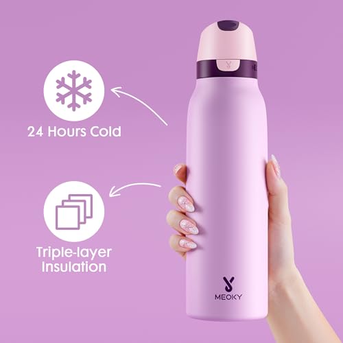 Meoky 24 oz Stainless Steel Slim Water Bottle: Leak Proof Locking Lid, 2-in-1 Straw and Spout, 24 Hours Cold, Top Handle, BPA Free, Insulated Water Bottle for Women Sports Travel Gym, Lavender - color: Lavender