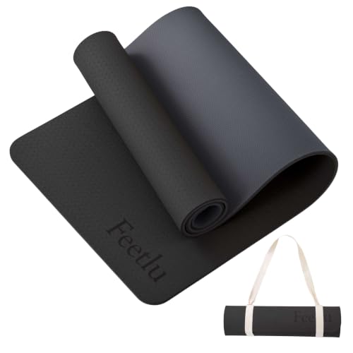 Extra Thick Yoga Mat with Carry Strap, 10mm Non-Slip Exercise Mat, 72 x 24 Inch Cushioned Workout Mat for Yoga, Pilates, Stretching & Floor Exercises - color: Black & Gray