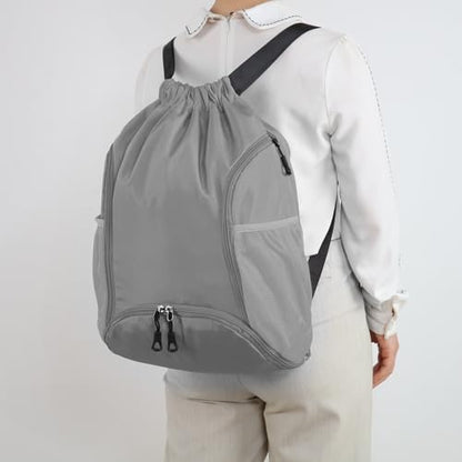 Valleycomfy Sports Gym Bag Drawstring Backpack with Shoes Basketball Bag and Two Water Bottle Holder,Grey - color: Grey