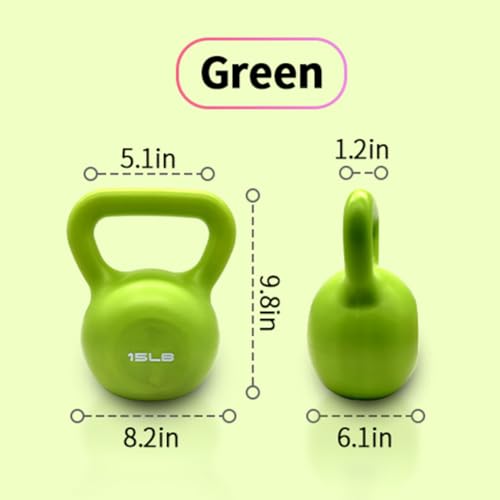 15 lbs Kettlebell, Green Vinyl Coated with Wide Handle for Strength Training, Body Building, Yoga, Fitness