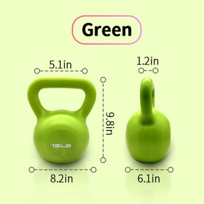 15 lbs Kettlebell, Green Vinyl Coated with Wide Handle for Strength Training, Body Building, Yoga, Fitness