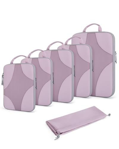 BAGSMART Compression Packing Cubes for Travel, 6 Set/14 Set Compressible Luggage Organizer for Cruise Ship, Lightweight Travel Essentials (1L+2M+2S+Shoe bag+Drawstring bag+Toiletry bag+6Plastic bags) - color: 04-Misty Lavender, size: 6 Set