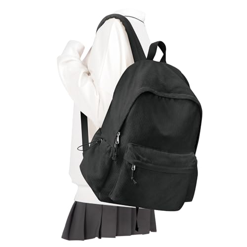 Black School Backpack for Teens Boys Girls Cute Corduroy Bookbag Classic Casual High School Bag Lightweight College Backpack For Women Men - color: A1- Black