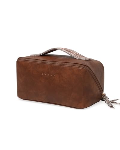EACHY Travel Makeup Bag, Large Capacity Cosmetic Bag for Women, Waterproof PU Leather, Flat Open Portable Toiletry Bag for Skincare, Brushes & Travel Essentials - color: AI-Brown, size: Medium