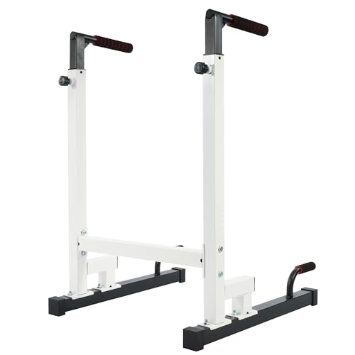 BalanceFrom Steel Frame Dip Station with Adjustable Height, 500 Pound Weight Capacity – Upper Body Workout Home Gym Equipment for Triceps, Push & Pull Ups, Leg Raises, and Bench Press - color: White