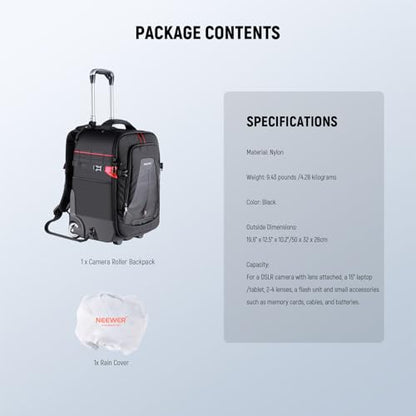 Neewer 2-in-1 Rolling Camera Backpack Trolley Case - Anti-Shock Detachable Padded Compartment, Hidden Pull Bar, Durable, Waterproof for Camera,Tripod,Flash Light,Lens,Laptop for Air Travelling(Black) - style: Nw-da410t