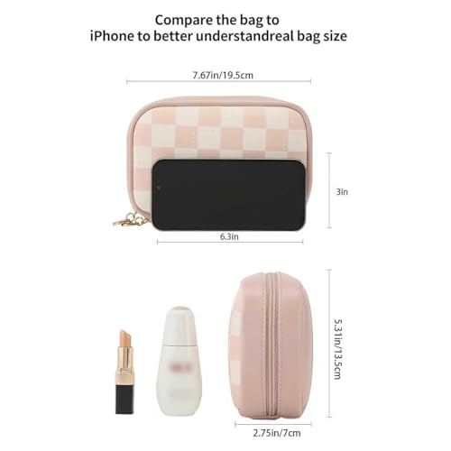 RIGHT AWAY Makeup Bag,Travel Cosmetic Bag Organizer with Zipper,Waterproof Toiletry Bags Makeup Pouch for Purse, Small Make Up Bag &Cases with Compartments for Women Girls（Pink Checkerboard） - color: AH-Pink Checkered