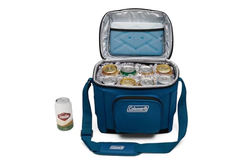 Coleman Chiller Insulated Soft Cooler, Leakproof 9/16/30 Can Cooler with 12+ Hour Ice Retention, Made with Recycled Materials, Great for Lunch, Camping, Beach, Pool, Sports, & More - color: Blue, style: 16 Can